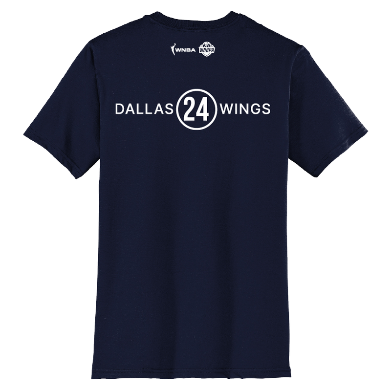 Navy blue t-shirt with 'Dallas 24 Wings' text on a white background