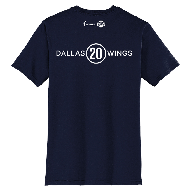 Navy blue t-shirt with 'Dallas Wings' and number '20' on a white background