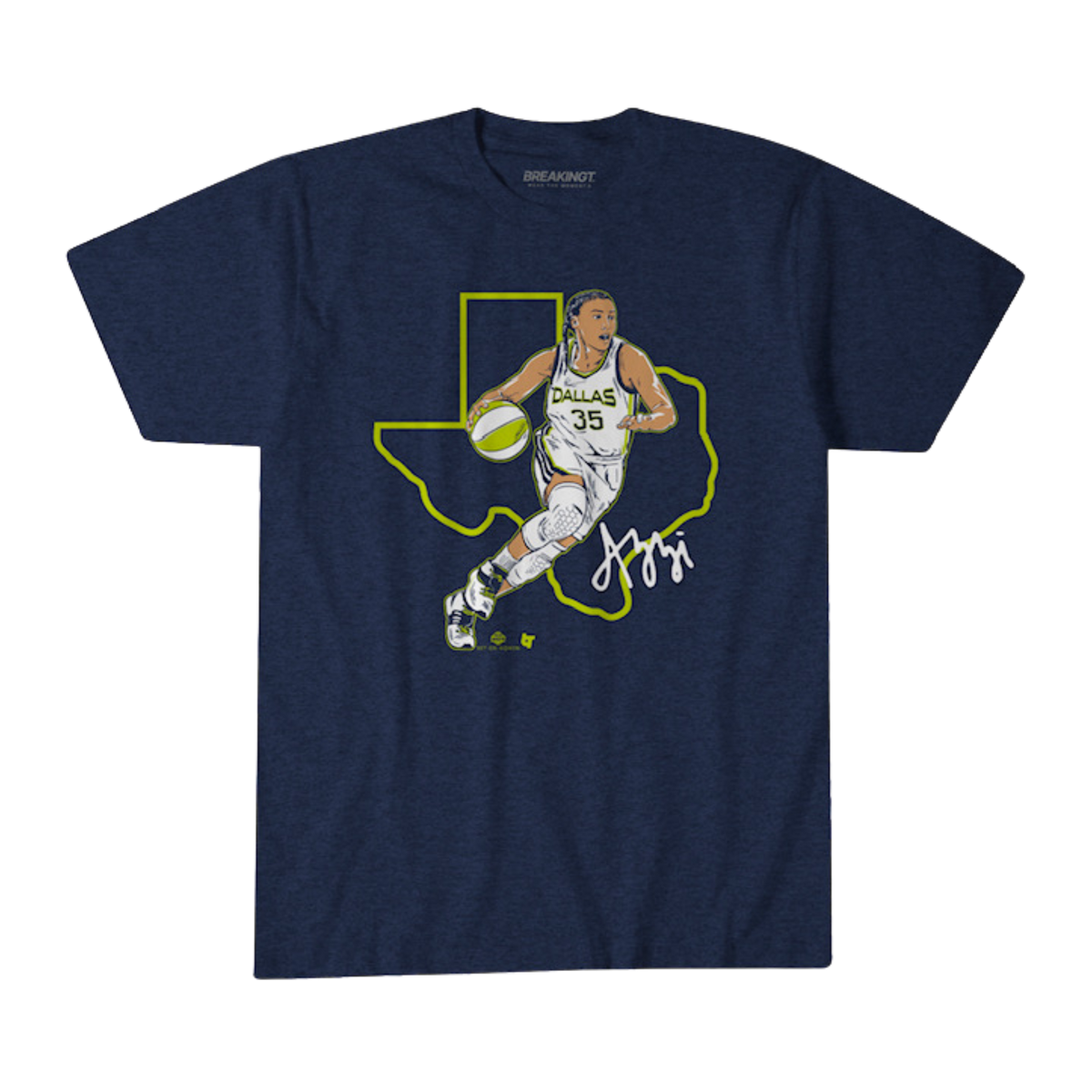 Navy blue t-shirt with a graphic of a basketball player and Texas outline on a white background
