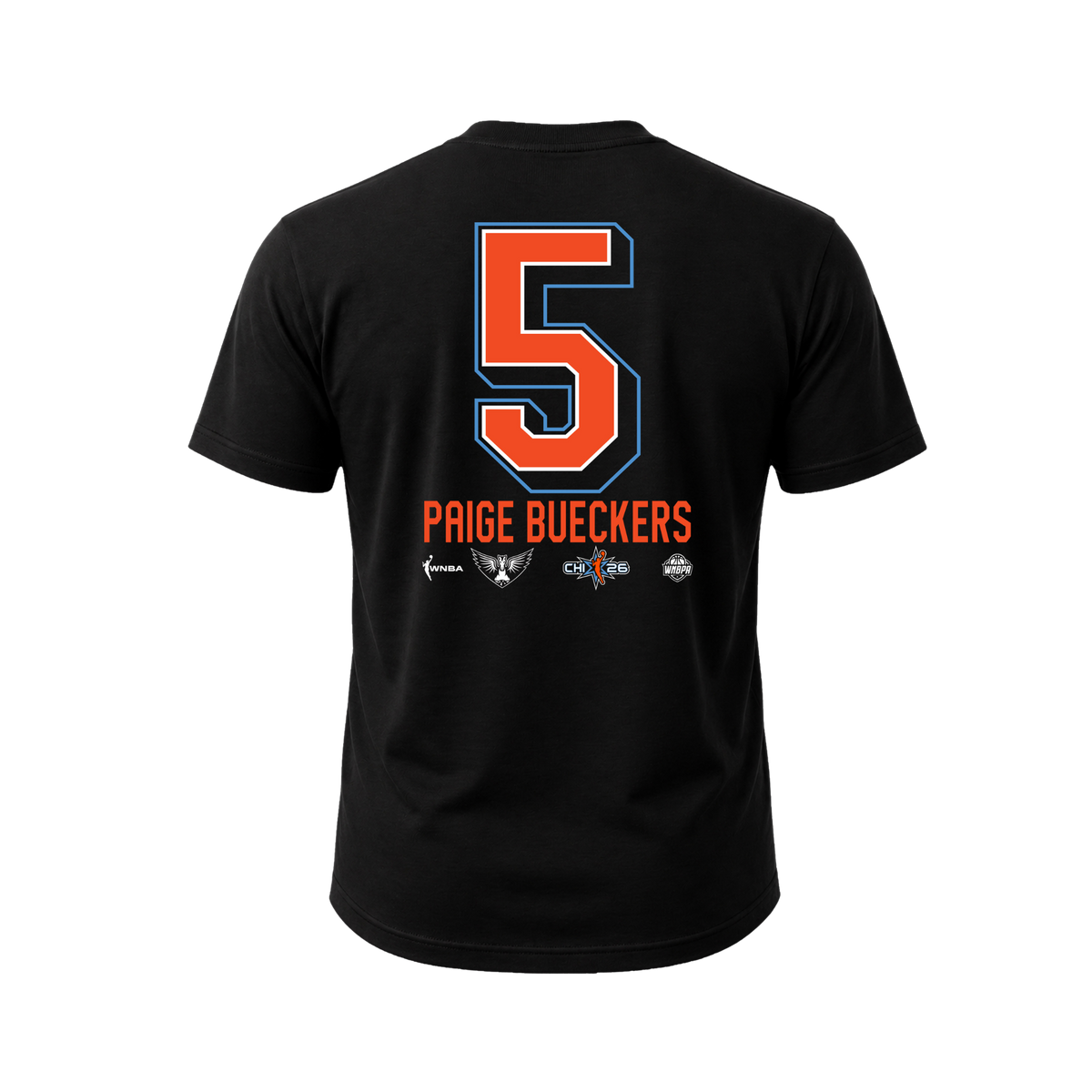 A black short-sleeve t-shirt shown from the back, featuring a large orange number 5 with a blue outline, the name 'PAIGE BUECKERS' in orange below, and three small team logos at the bottom.