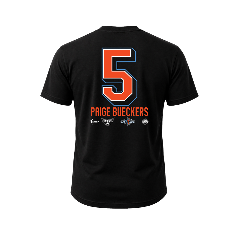 A black short-sleeve t-shirt shown from the back, featuring a large orange number 5 with a blue outline, the name 'PAIGE BUECKERS' in orange below, and three small team logos at the bottom.