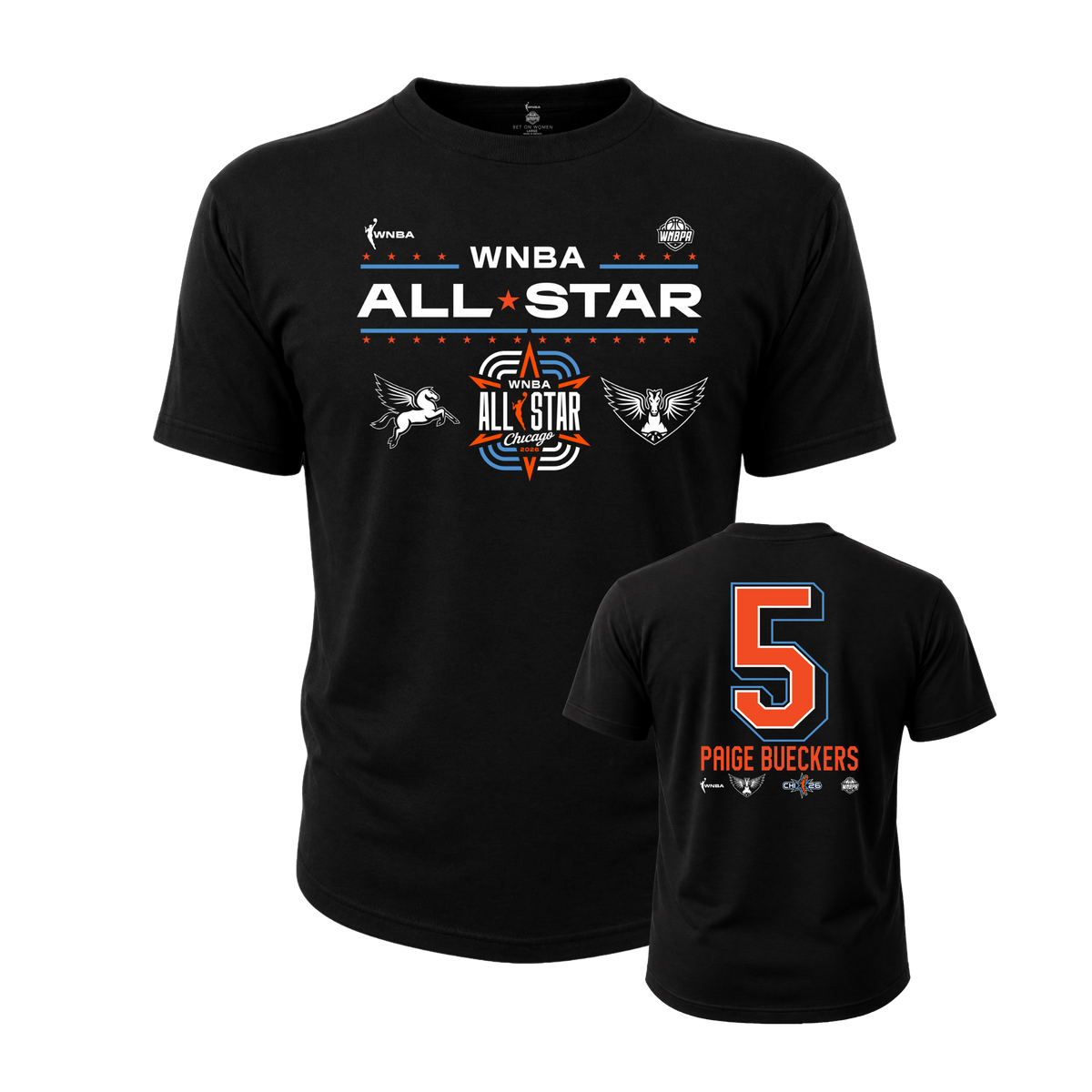 Black short-sleeve WNBA All Star 2024 t-shirt shown from both front and back. The front features the WNBA All Star logo with white, orange, and blue graphics, and the back displays the number 5 and the name Paige Bueckers in orange and white.