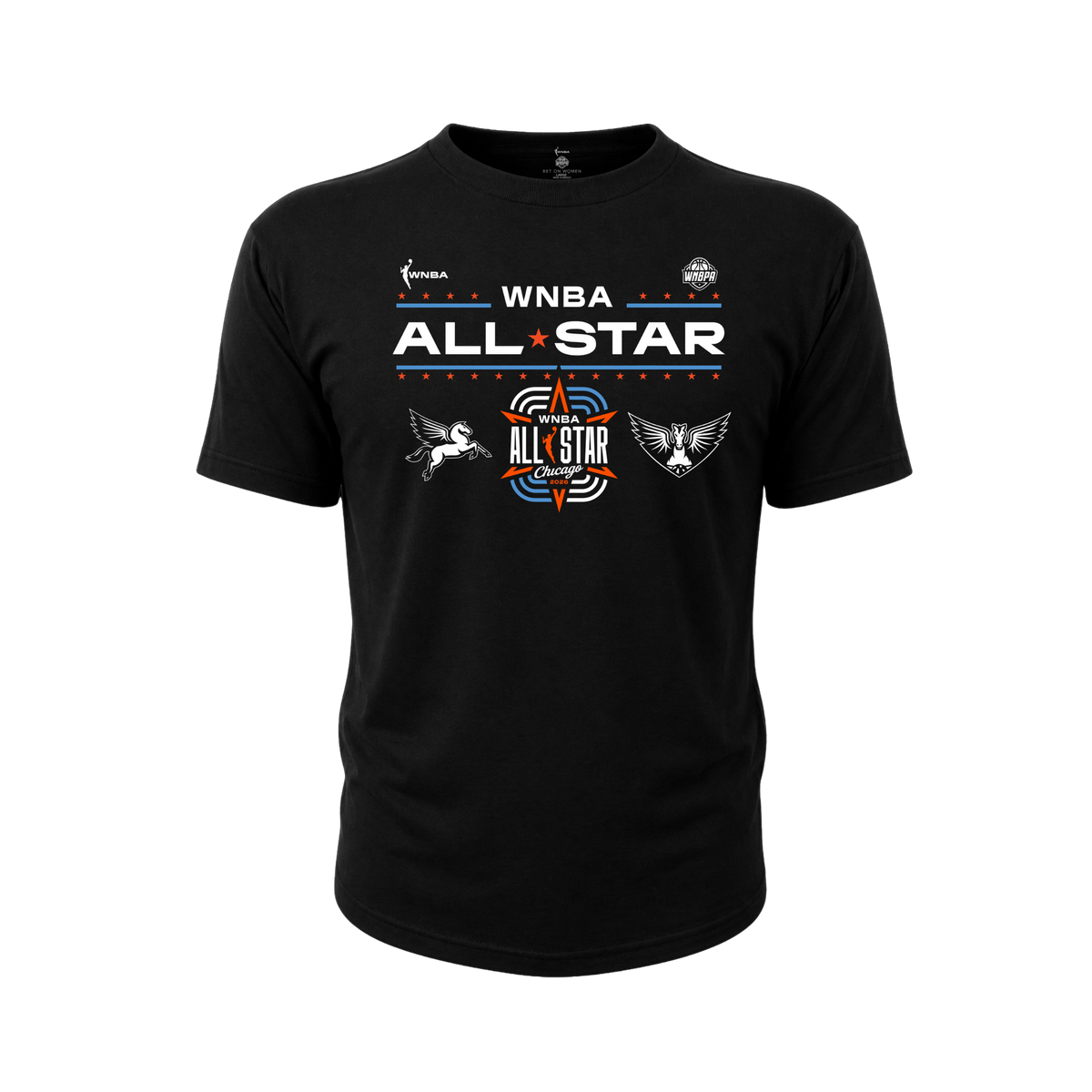 A black short-sleeve crewneck t-shirt featuring a WNBA All-Star graphic on the chest, displayed against a solid white background.