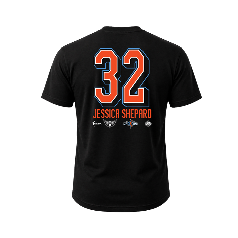 A black short-sleeve t-shirt shown from the back, featuring a large orange and blue number 32 graphic, the name 'JESSICA SHEPARD' in orange, and several small sports logos at the bottom.