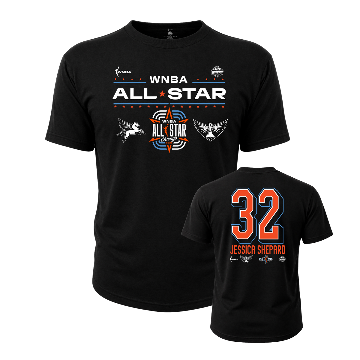 Black short-sleeve WNBA All-Star jersey graphic T-shirt shown from the front and back on a plain white background. The front features 'WNBA ALL STAR' text with eagle and bird graphics, and the back shows the number 32 and the name Jessica Shepard in orange and blue.