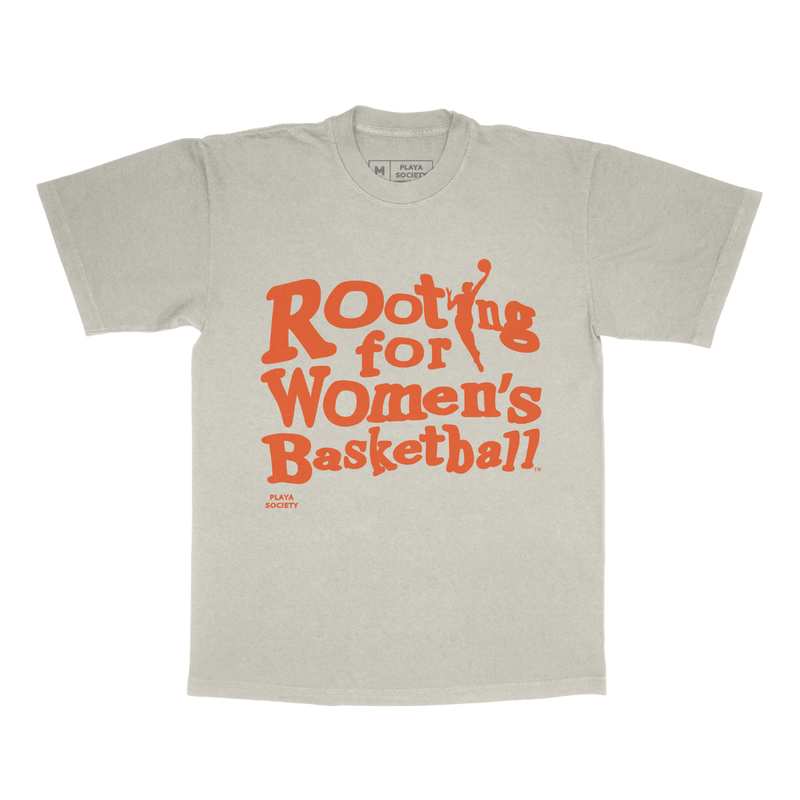 Beige t-shirt with orange text 'Rooting for Women's Basketball' on a white background