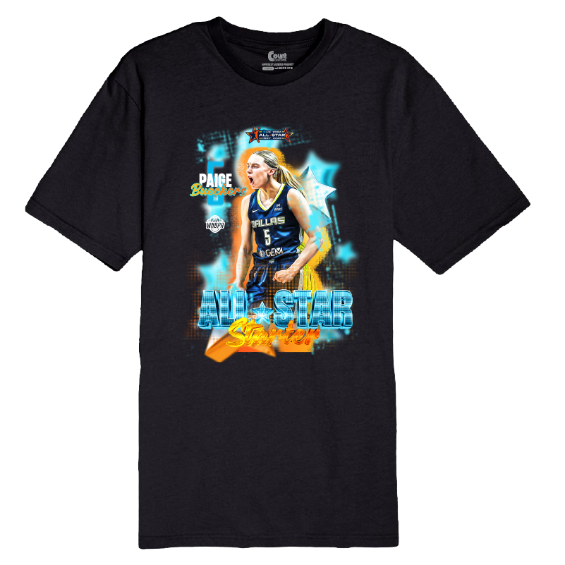 Black t-shirt with a graphic of Paige Bueckers and 'All-Star' text on a white background