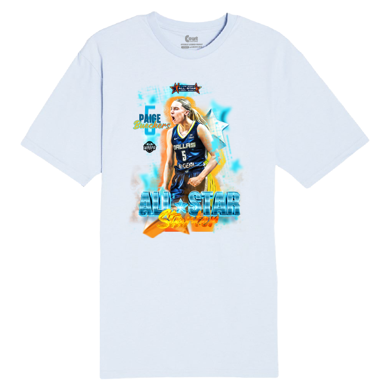 White t-shirt with a graphic of Paige Bueckers and 'All-Star' text on a white background