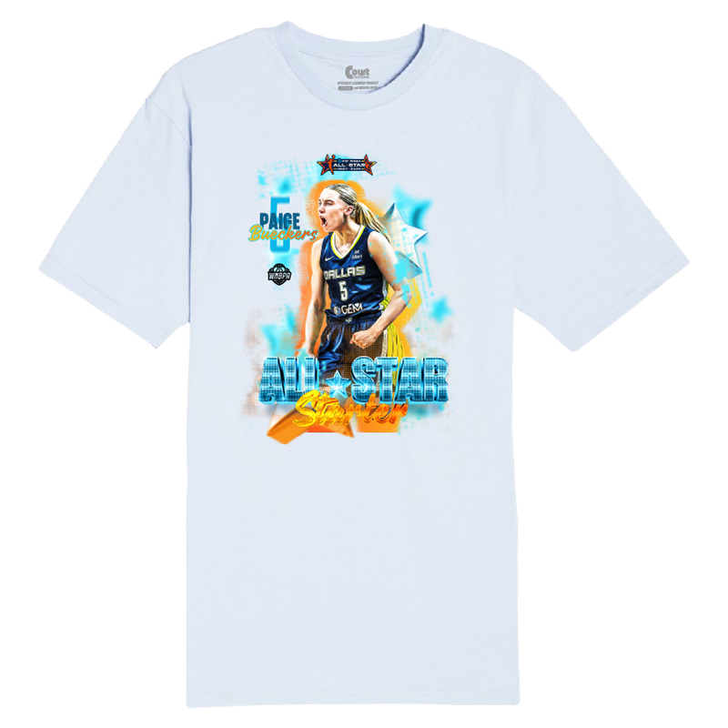 White t-shirt with a graphic of Paige Bueckers and 'All-Star' text on a white background