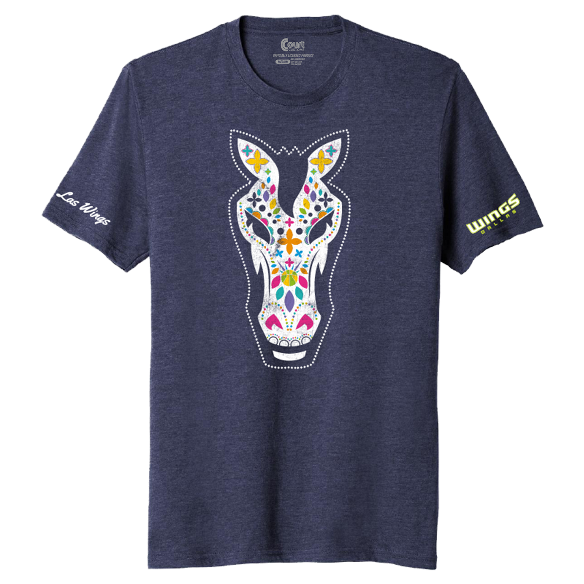 Navy blue t-shirt with a colorful zebra design on a white background