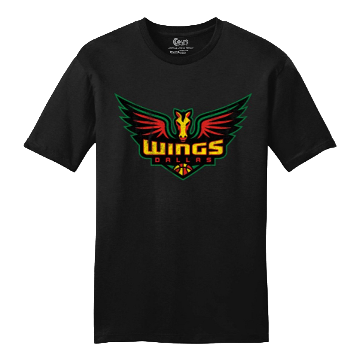 Black t-shirt with a colorful 'Wings Dallas' logo on a white background