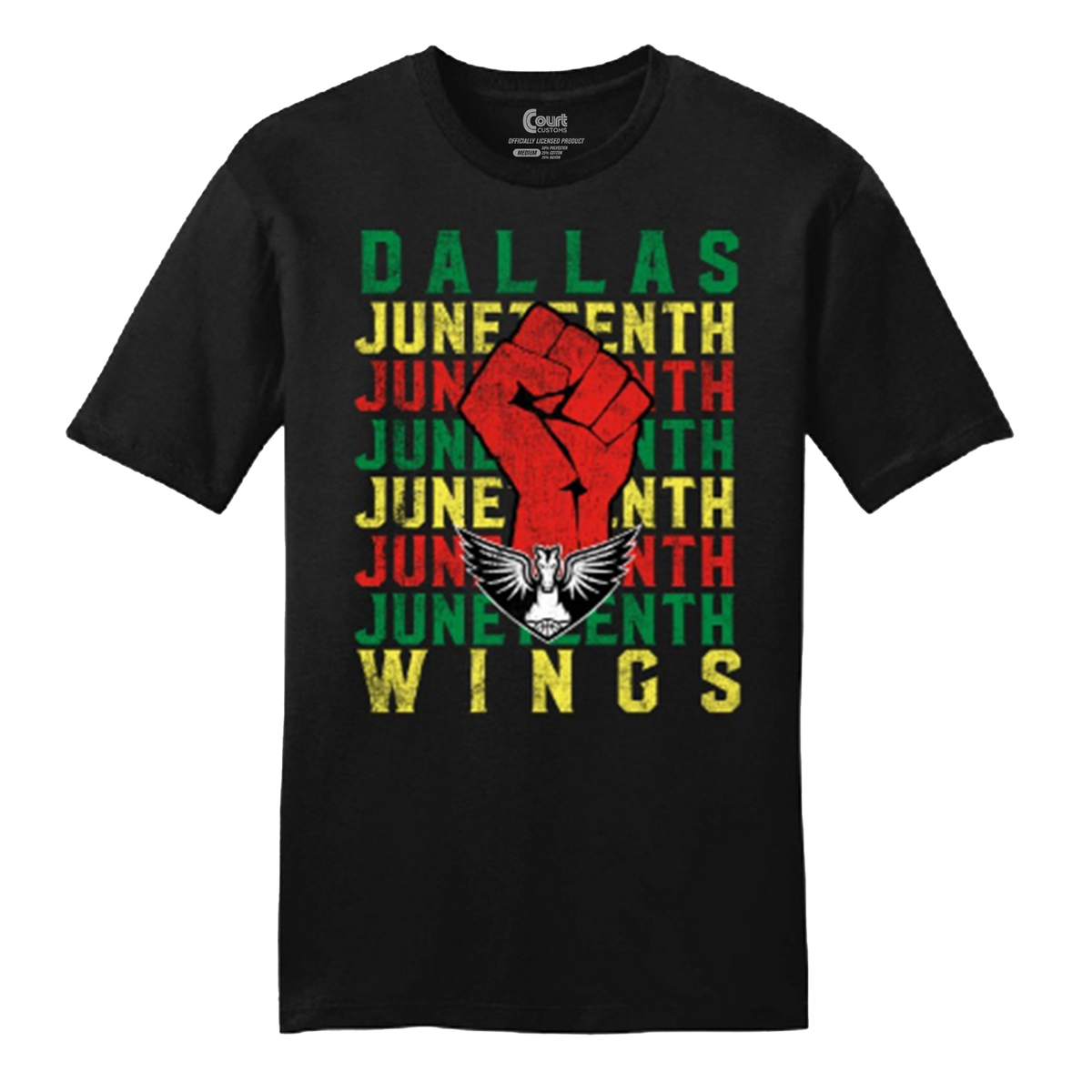 Black t-shirt with a red fist and text design on a white background