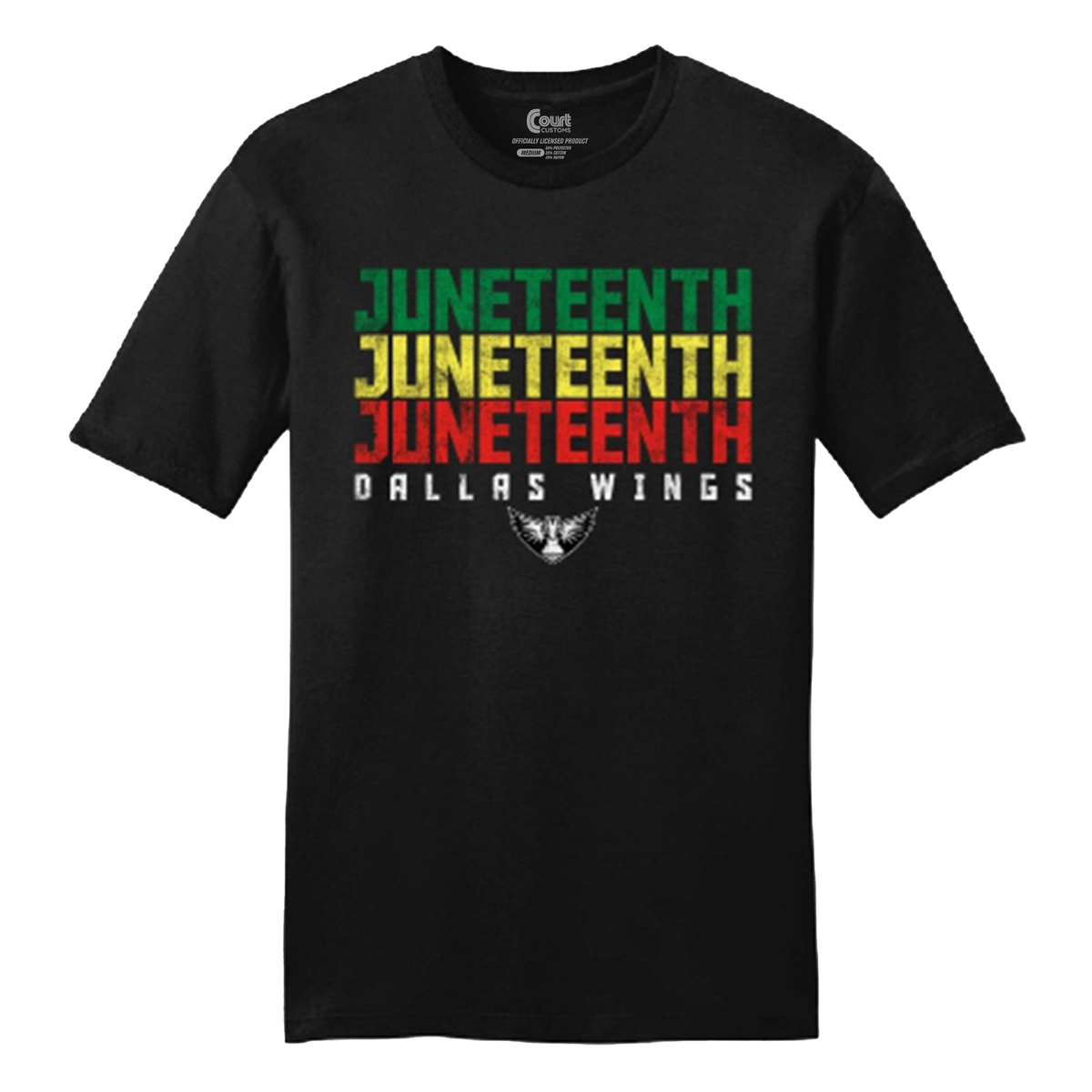 Black t-shirt with 'Juneteenth' text in red, yellow, and green on a white background