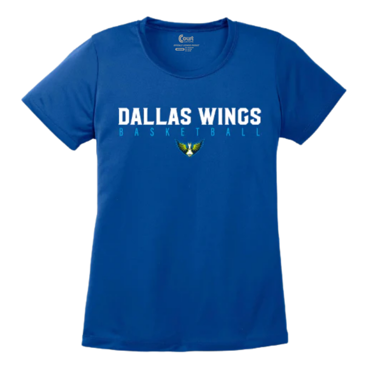 Blue t-shirt with 'Dallas Wings Basketball' text and logo on a white background