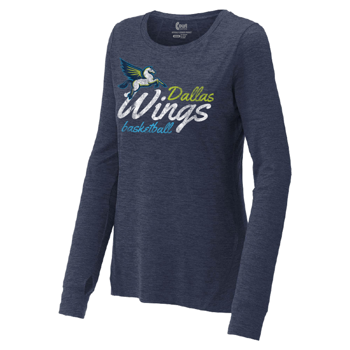 Navy long-sleeve shirt with 'Dallas Wings basketball' logo on a white background