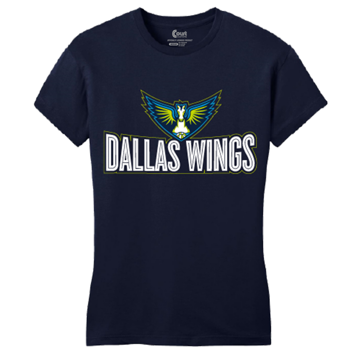 Navy blue t-shirt with 'Dallas Wings' logo on a white background